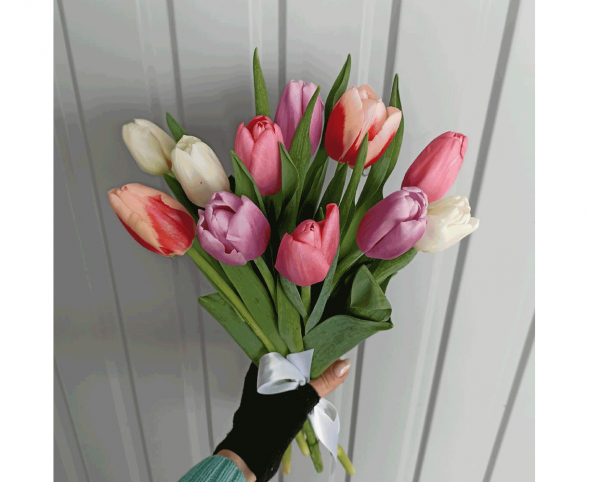 11 тюльпанов цвета микс, лента в Судаке