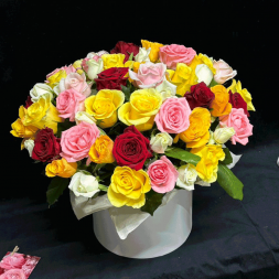 51 роза микс в шляпной коробке