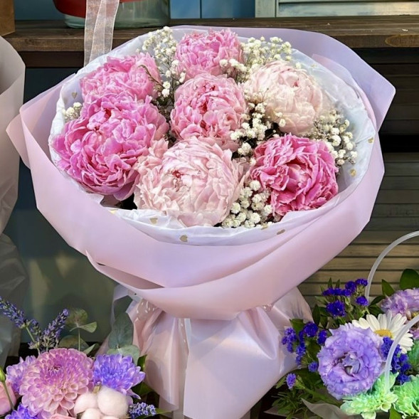 Букет 7 нежных пионов с гипсофилой в Судаке